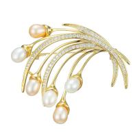 Freshwater Pearl Brooch Brass with Freshwater Pearl Wheat fashion jewelry & micro pave cubic zirconia & for woman golden nickel lead & cadmium free Sold By PC