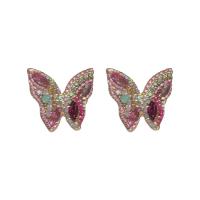 Zinc Alloy Stud Earring Butterfly fashion jewelry & for woman & with rhinestone pink nickel lead & cadmium free Sold By Pair