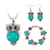 Turquoise Jewelry Sets, Stud Earring & bracelet & necklace, Tibetan Style, with turquoise, with 3.15inch extender chain, Owl, plated, three pieces & for woman & with rhinestone, nickel, lead & cadmium free, 65mm,40mm, Length:Approx 18.5 Inch, Approx 7.28 Inch, Sold By Set
