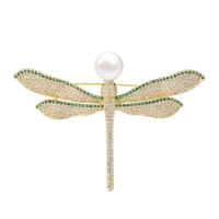 Freshwater Pearl Brooch Brass with Freshwater Pearl Dragonfly gold color plated micro pave cubic zirconia & for woman nickel lead & cadmium free Sold By PC