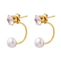 Freshwater Pearl Earrings Titanium Steel with Freshwater Pearl gold color plated fashion jewelry & micro pave cubic zirconia & for woman golden Sold By Pair