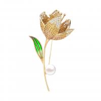 Freshwater Pearl Brooch Brass with Freshwater Pearl Flower gold color plated micro pave cubic zirconia & for woman & enamel nickel lead & cadmium free Sold By PC