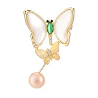 Freshwater Pearl Brooch, Brass, with Shell & Freshwater Pearl, Butterfly, gold color plated, micro pave cubic zirconia & for woman, nickel, lead & cadmium free, 29x45mm, Sold By PC