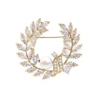 Freshwater Pearl Brooch Brass with Freshwater Pearl Leaf plated micro pave cubic zirconia & for woman nickel lead & cadmium free Sold By PC