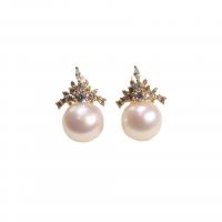 Freshwater Pearl Earrings with Brass real gold plated fashion jewelry & for woman & with rhinestone 9-10mm Sold By Pair