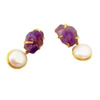 Freshwater Pearl Earrings Brass with Gemstone & Freshwater Pearl 18K gold plated & for woman Sold By Pair