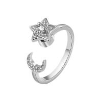 Rhinestone Finger Ring Brass Moon and Star platinum color plated Adjustable & for woman & with rhinestone Sold By PC
