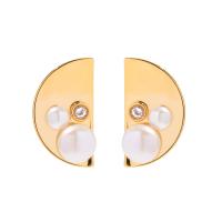 Freshwater Pearl Earrings Brass with Cubic Zirconia & Freshwater Pearl Fan gold color plated fashion jewelry & for woman golden nickel lead & cadmium free Sold By Pair