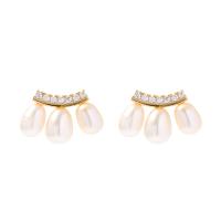Freshwater Pearl Earrings with Brass gold color plated fashion jewelry & micro pave cubic zirconia & for woman Sold By Pair