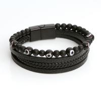 PU Leather Cord Bracelets with Lampwork & Zinc Alloy plumbum black color plated multilayer & for man Length 21 cm Sold By PC