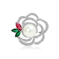 South Sea Shell Brooch Brass with Shell Pearl Rose platinum color plated micro pave cubic zirconia & for woman nickel lead & cadmium free Sold By PC