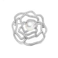 South Sea Shell Brooch Brass with Shell Pearl Flower platinum color plated micro pave cubic zirconia & for woman nickel lead & cadmium free Sold By PC
