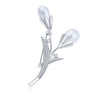 South Sea Shell Brooch Brass with Shell Pearl Flower platinum color plated micro pave cubic zirconia & for woman nickel lead & cadmium free Sold By PC
