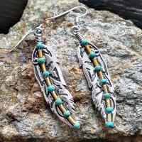 Turquoise Earring Zinc Alloy with turquoise Feather antique silver color plated vintage & for woman nickel lead & cadmium free Sold By Pair
