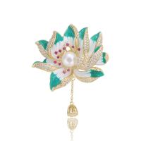 Enamel Brooch Brass with Plastic Pearl Flower gold color plated can be used as brooch or pendant & micro pave cubic zirconia & for woman green nickel lead & cadmium free Sold By PC
