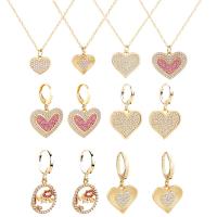Rhinestone Jewelry Sets Brass with 304 Stainless Steel Chain with 2inch extender chain Heart plated for woman & with rhinestone & hollow 10-20mm Length Approx 18 Inch Sold By PC
