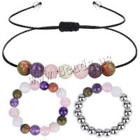 Natural Gemstone Jewelry Sets finger ring & bracelet with Wax Cord & Brass Round & for woman Sold By PC
