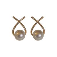 Plastic oorpinnen, Zinc Alloy, met Plastic Pearl, mode sieraden & voor vrouw & met strass, gouden, nikkel, lood en cadmium vrij, 21x13mm, Verkocht door pair