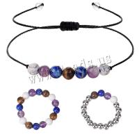 Natural Gemstone Jewelry Sets finger ring & bracelet with Wax Cord & Brass Round silver color plated & for woman Sold By PC