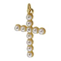 Mässing Cross hängen, med Plast Pearl, guldfärg pläterade, mode smycken & DIY & för kvinna, nickel, bly och kadmium gratis, 17*26*4mm, Hål:Ca 3mm, Säljs av PC