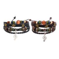 Cowhide Bracelet with Wax Cord & Cats Eye & Wood & Zinc Alloy handmade fashion jewelry & multilayer & Unisex Length 18-25 cm Sold By PC