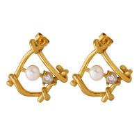 Titanium Steel  Earring with Cubic Zirconia & Freshwater Pearl Vacuum Ion Plating for woman Sold By Pair