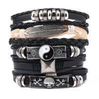 PU Leather Cord Bracelets with Cowhide & Wax Cord & Zinc Alloy handmade 5 pieces & fashion jewelry & Unisex black Sold By Set