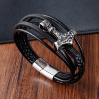 PU Leather Cord Bracelets with 304 Stainless Steel hammer vintage & for man black Length 21 cm Sold By PC