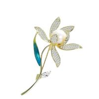 Freshwater Pearl Brooch, Brass, with Freshwater Pearl, Bouquet, Vacuum Ion Plating, micro pave cubic zirconia, gold, nickel, lead & cadmium free, 38x66mm, Sold By PC