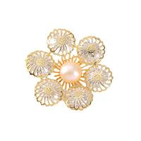 Freshwater Pearl Brooch, Brass, with Freshwater Pearl, Vacuum Ion Plating, micro pave cubic zirconia, golden, nickel, lead & cadmium free, 38x38mm, Sold By PC