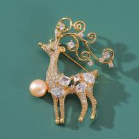 Freshwater Pearl Brooch Brass with Freshwater Pearl Deer Vacuum Ion Plating micro pave cubic zirconia golden nickel lead & cadmium free Sold By PC
