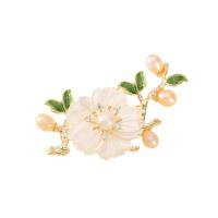 Freshwater Pearl Brooch Brass with Shell & Freshwater Pearl Plum Blossom Vacuum Ion Plating fashion jewelry & micro pave cubic zirconia & for woman golden nickel lead & cadmium free Sold By PC