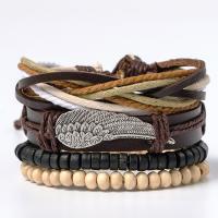 Cowhide Bracelet Set with Wax Cord & Wood & Zinc Alloy Wing Shape plated multilayer & folk style & for man Length Approx 7 Inch Sold By Set