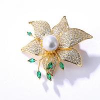 Freshwater Pearl Brooch Brass with Freshwater Pearl Flower Vacuum Ion Plating fashion jewelry & micro pave cubic zirconia & for woman golden nickel lead & cadmium free 45mm Sold By PC