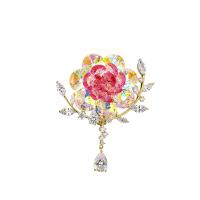 Broszka kryształ, Mosiądz, ze Kryształ, Kwiat, mikro utorować cyrkonia & dla kobiety, różowy, bez zawartości niklu, ołowiu i kadmu, 35x59mm, sprzedane przez PC