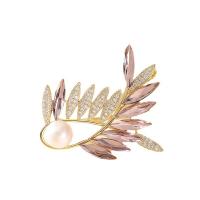 Freshwater Pearl Brooch, Brass, with Freshwater Pearl, Leaf, plated, micro pave cubic zirconia & for woman, more colors for choice, nickel, lead & cadmium free, 38x45mm, Sold By PC