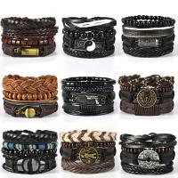 PU Leather Bracelet Set with Wood & Zinc Alloy plated vintage & multilayer & for man Length Approx 6.7-7 Inch Sold By Set