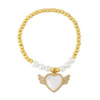 Brass Bracelet & Bangle with Plastic Pearl Heart plated fashion jewelry & micro pave cubic zirconia & enamel nickel lead & cadmium free Length 18 cm Sold By PC
