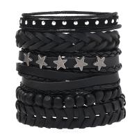 Leather Cord Bracelet PVC Leather with Wax Cord & Zinc Alloy Star handmade 6 pieces & punk style & for man black Length Approx 18-23 cm Sold By Set
