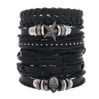 Leather Cord Bracelet PVC Leather with Wax Cord & Zinc Alloy Skull handmade 6 pieces & punk style & adjustable & for man black Length Approx 18-23 cm Sold By Set