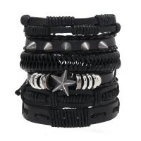 Leather Cord Bracelet PVC Leather with Wax Cord & Zinc Alloy Star handmade 6 pieces & adjustable & for man black Length Approx 18-23 cm Sold By Set