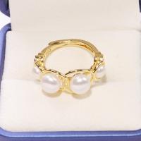 Freshwater Pearl Finger Ring with Copper Alloy real gold plated fashion jewelry & for woman golden 4-6mm Sold By PC