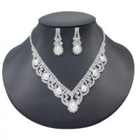 Rhinestone Jewelry Sets earring & necklace with Plastic Pearl & Brass silver color plated for woman 9cm 3cm Length 45 cm Sold By Set