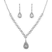 Rhinestone Jewelry Sets earring & necklace with Brass Teardrop silver color plated for woman  Length 50 cm Sold By Set