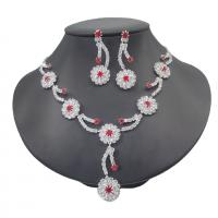 Rhinestone Jewelry Sets earring & necklace with Brass Flower silver color plated for woman 5.1cm Length 53 cm Sold By Set