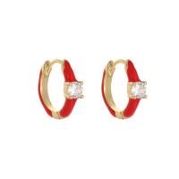 Brass Huggie Hoop Earring with Cubic Zirconia Donut gold color plated for woman & enamel nickel lead & cadmium free Sold By Pair