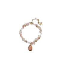 Freshwater Pearl Armband, med Cherry Quartz & Mässing, Dropp, 18K guldpläterad, mode smycken & för kvinna, Längd Ca 8.3 inch, Säljs av PC