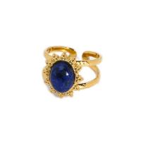 304 Nerūdijantis plienas Cuff Finger Ring, su Lapis Lazuli, 18K paauksuoti, reguliuojamas & moters, 14x16mm, Pardavė PC