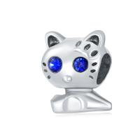 Zinc Alloy European Beads Cat silver color plated DIY & with rhinestone blue nickel lead & cadmium free 10-15mm Sold By PC