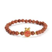 Natural Goldstone Bracelet with Zinc Alloy Round gold color plated fashion jewelry & for woman & enamel red 6mm Length Approx 19 cm Sold By PC